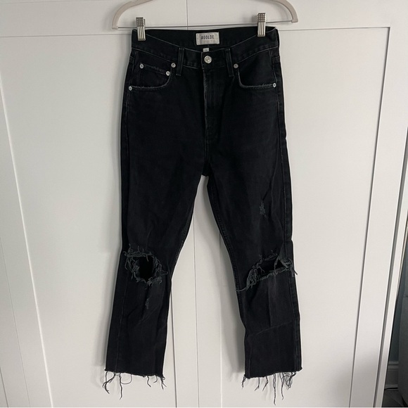 AGOLDE Cherie High Rise Straight Leg Jeans in Distortion Black Distressed 24 - Picture 3 of 15